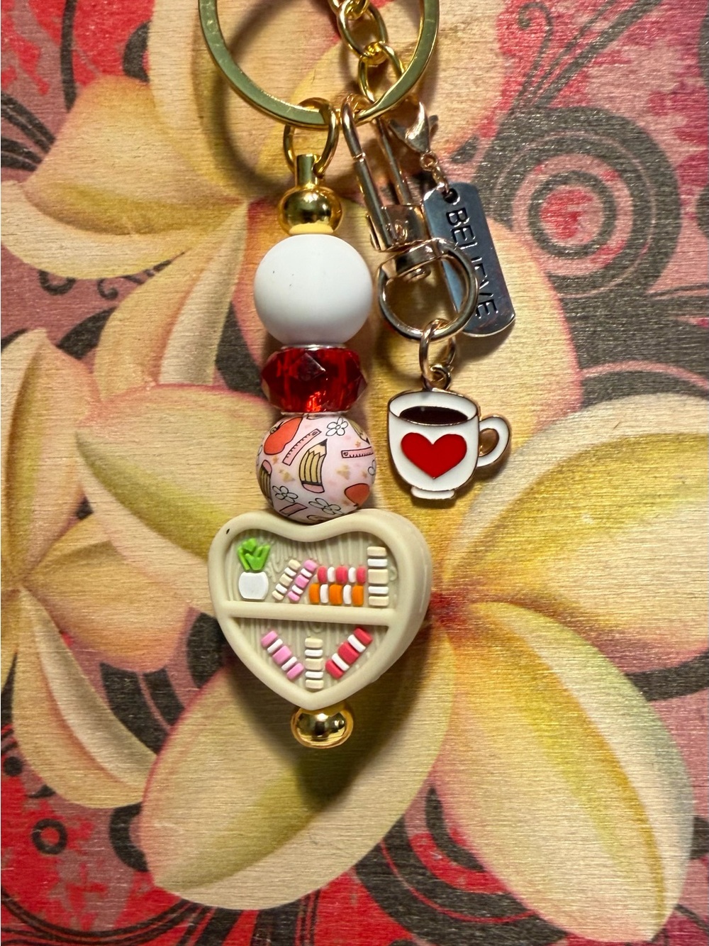 Heart Bead Key & Card Holder Charm with Coffee Cup - White, Red, Cream